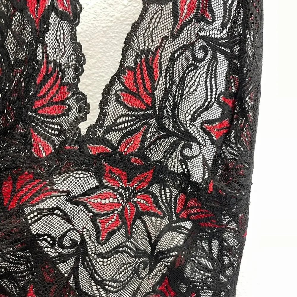 Vintage Fredericks Of Hollywood Satin Pajama‎ Set Red Black Lace 3 Pc Sleepwear